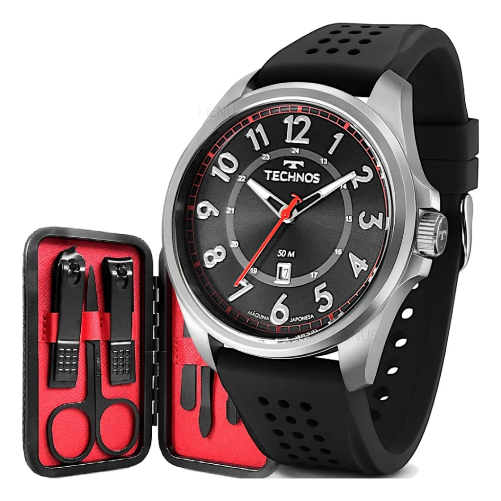 Kit Relógio Technos Masculino De Pulso Quartz Esportivo Preto Pulseira em Silicone Prova d'água 50 Metros Original