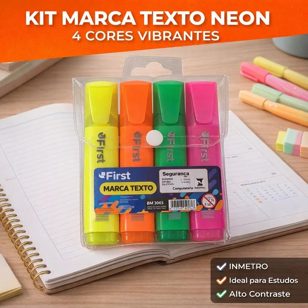 Kit Caneta Marca Texto Neon 4/8/12 Unidades Escolar Fluorescente Planner Resumo
