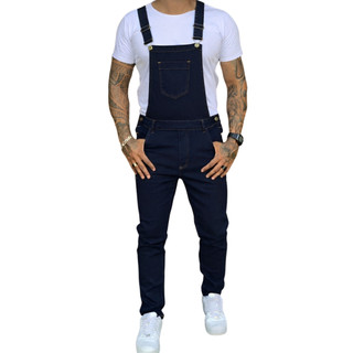 Macacão Jardineira Azulão Jeans Masculino com Bolso Frontal e Alças Ajustáveis Casual Slim Fit