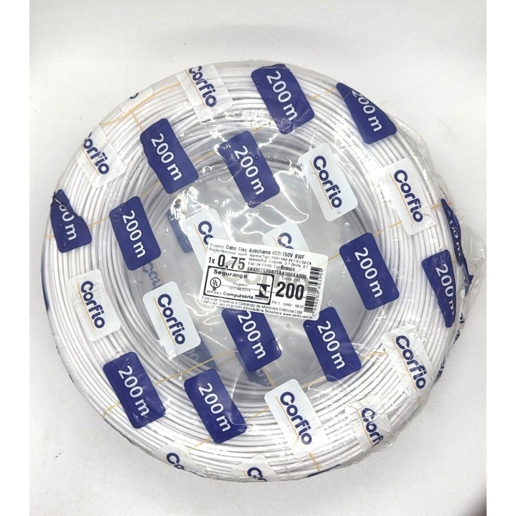 Cabo Flexível Corfio 0,75mm 750V Rolo 200 Metros Original Antichama