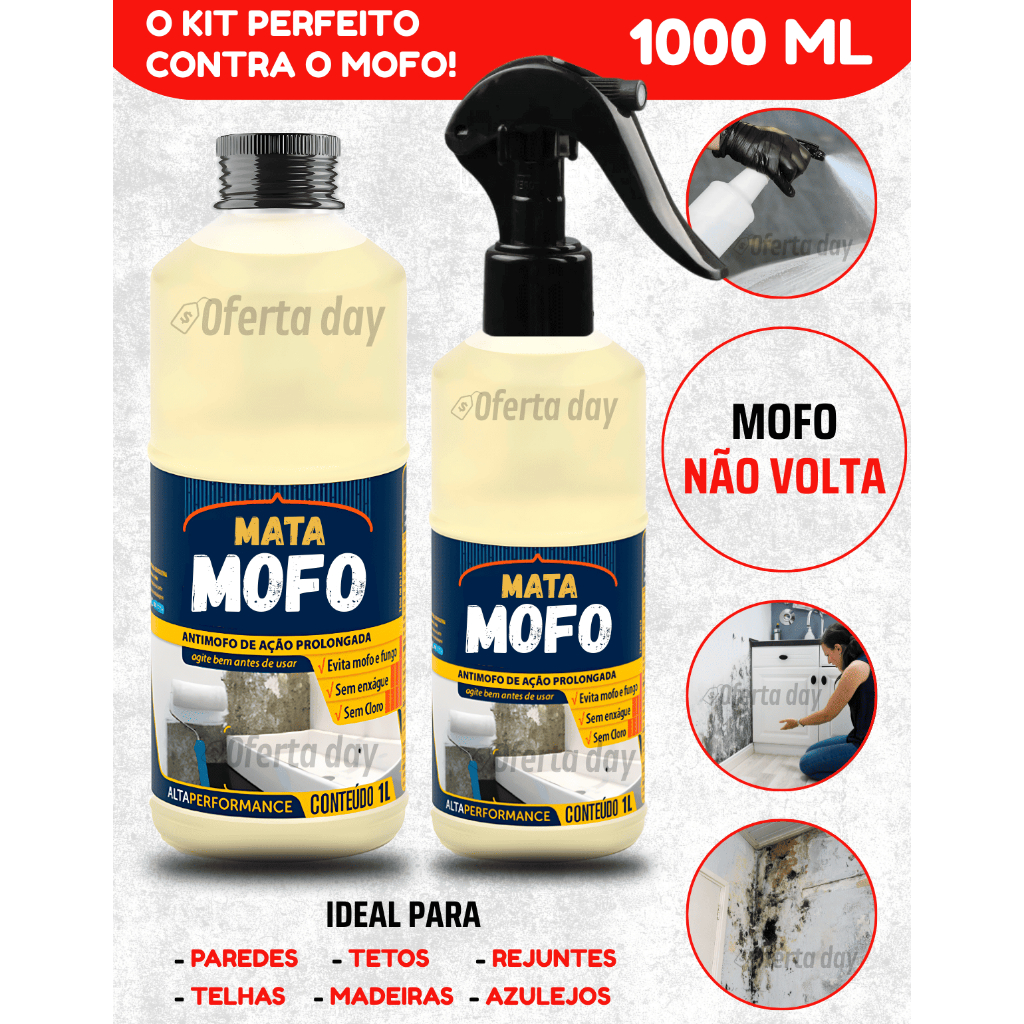 Kit PREMIUM Mata Mofo + Spray Não Volta Anti Elimina Parede Teto Piso 1L Armário Madeira Tira Bolor