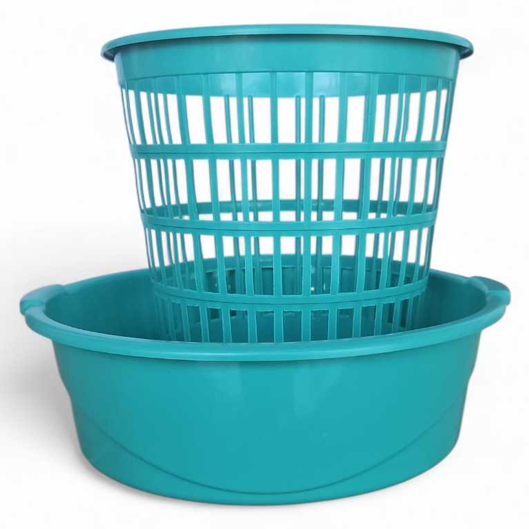 Kit Cesto Telado 10 Litros + Bacia 6,5 Litros Plástico Resistente Multiuso Lavanderia Cozinha Organização