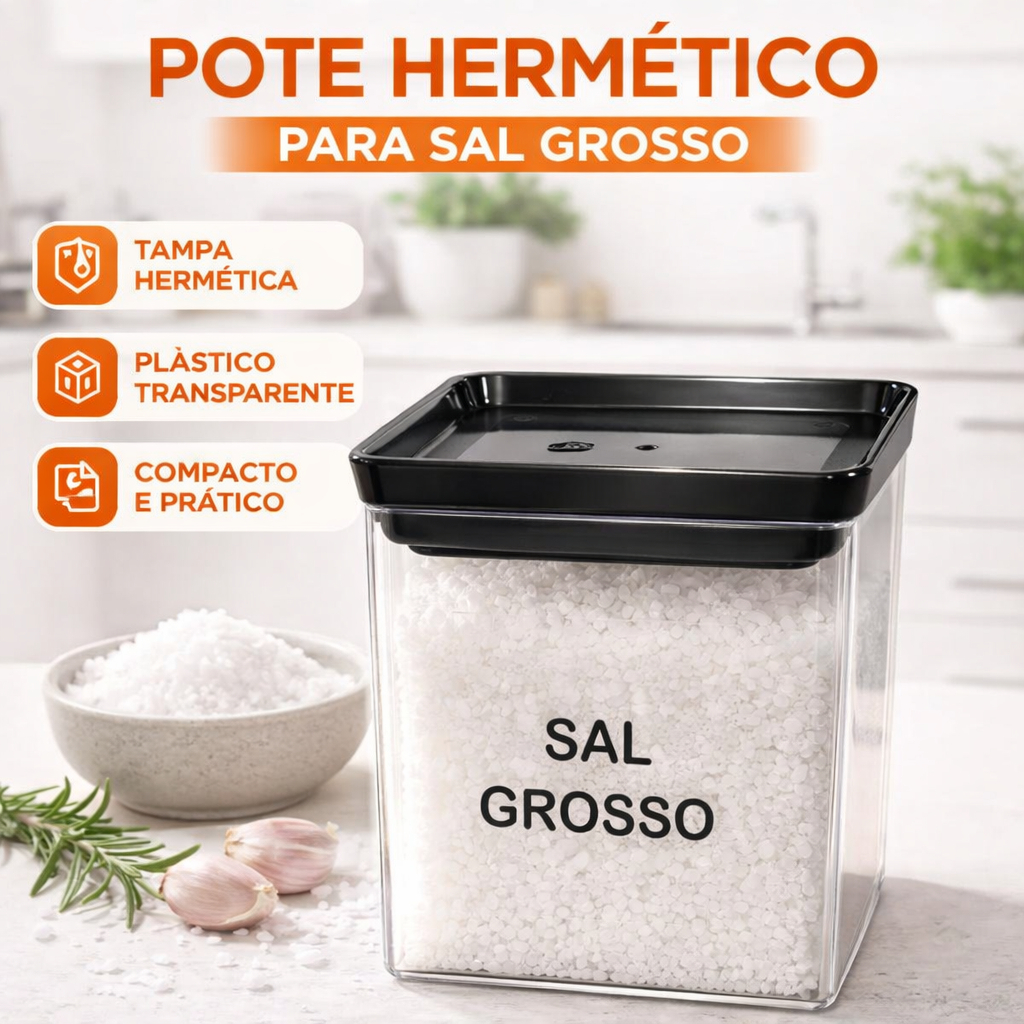 Pote Hermético para Sal Grosso 1,3L e 2,1L | Organizador Acrílico Transparente com Tampa Preta Vedação Forte Cozinha