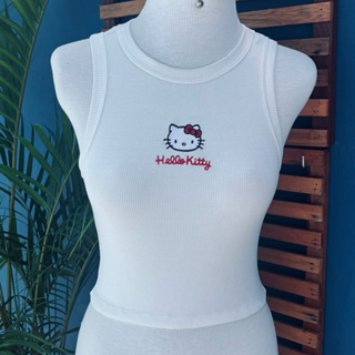 Regata Cropped Bordada Hello Kitty Feminina Estética Y2k em Oferta na Shopee
