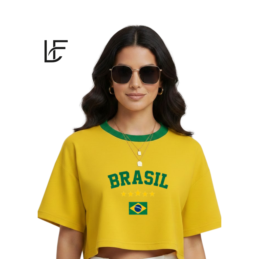 Camiseta Cropped Oversized Feminino Estampado Brasil Copa Do Mundo 100% Algodão Envio Rapido