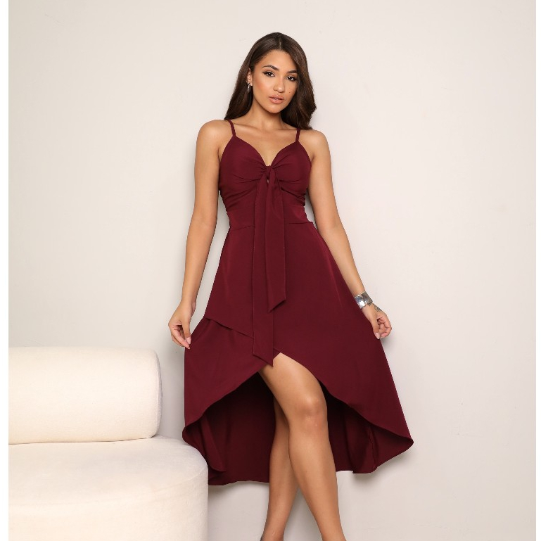 Vestido Feminino Midi Romântico Liso com Alça, Bojo e Fenda Elegante Verão