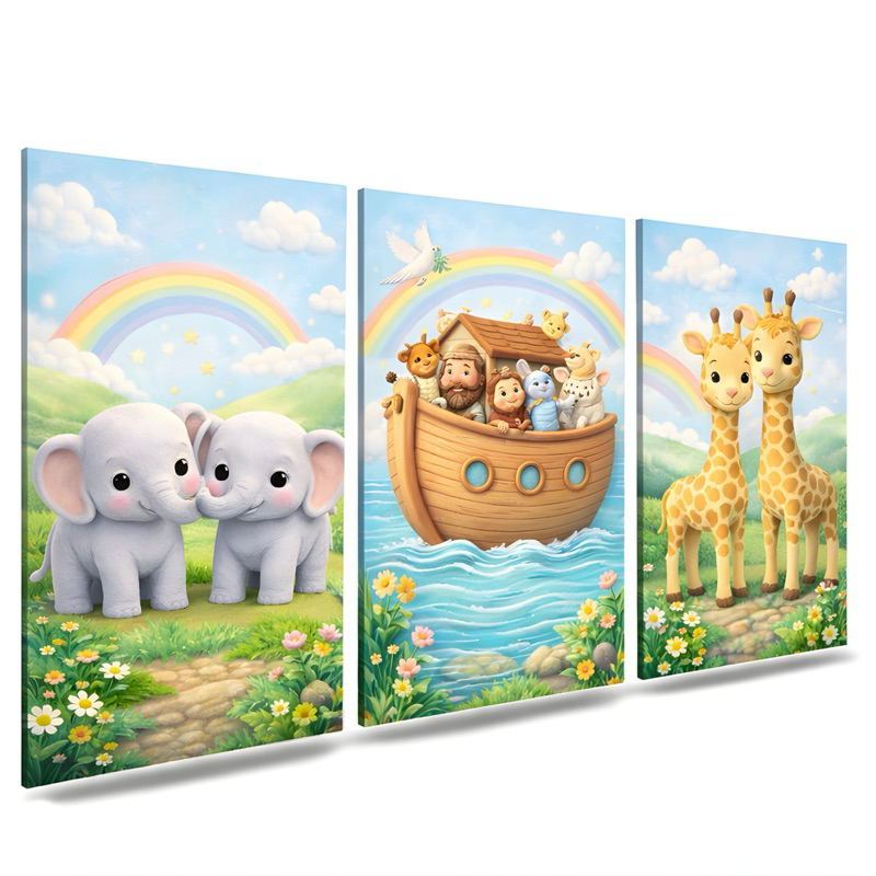 Quadros Decorativos Infantil 3 Peças Arca de Noé Elefantes Girafas Barquinho Arco-íris Bíblico Para Quarto de Bebê