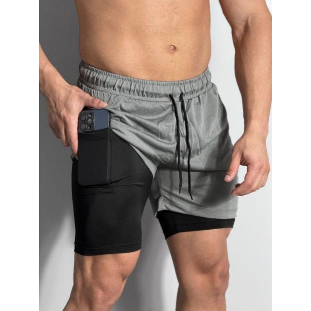 Short Bermuda Masculino 2 em 1 Treino Treinar Esporte Leve Compressão Forro Academia Musculação Dry Fit