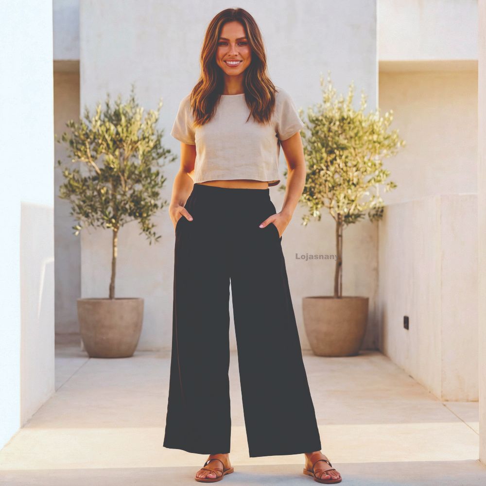 Calça Pantalona Feminina Cintura Alta Com Bolso Tecido Duna