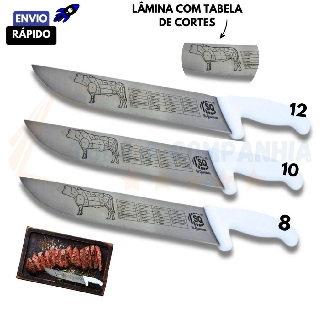 Kit c/ 1 2 ou 3 Facas Profissional Açougueiro Churrasqueiro 8" 10" 12" em Aço Inox Linha Premium