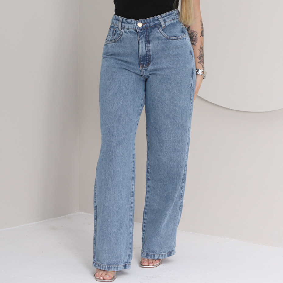 Calça Jeans Feminina Wide Leg Cintura Alta Sem Lycra Pantalona Casual Confortável Marmorizada em Oferta na Shopee