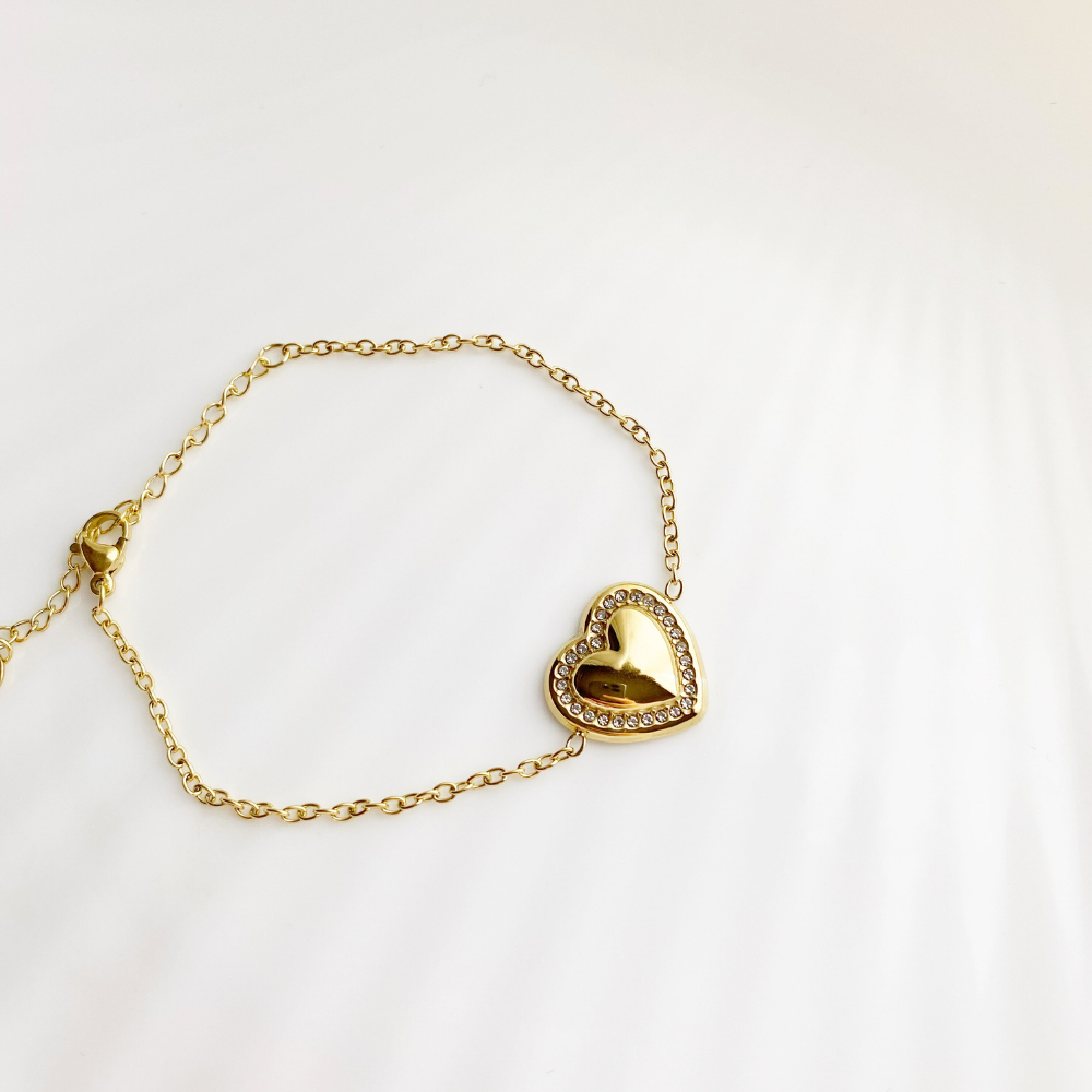 Pulseira Coração Feminina Cravejado Dourada em Aço Inoxidável Antialérgica Aço Inox 316L