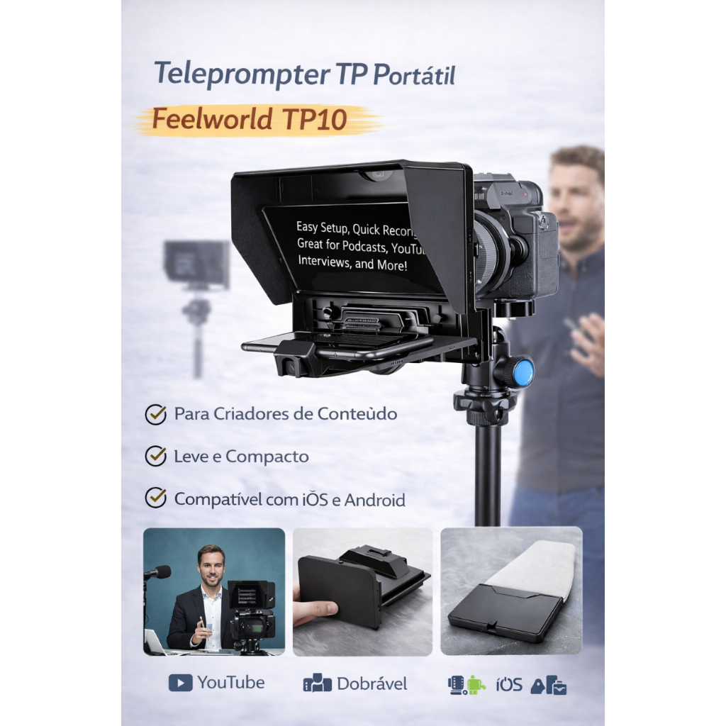 Teleprompter Tp Portátil Feelworld Tp10 - 10 Câmeras DSLR Celulares Tablets