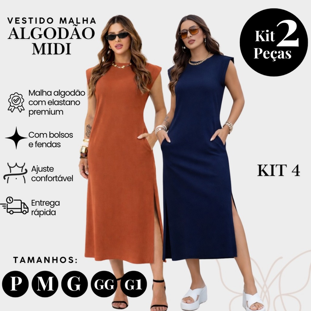 Kit 2 Vestidos Midi Feminino Algodão Premium Elastano com Bolso e Fenda Lateral