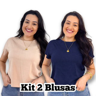 Kit 2 Blusa Feminina Manga Curta Viscolinho Gola Redonda Social Casual Elegante Verao Basica Fresca em Oferta na Shopee
