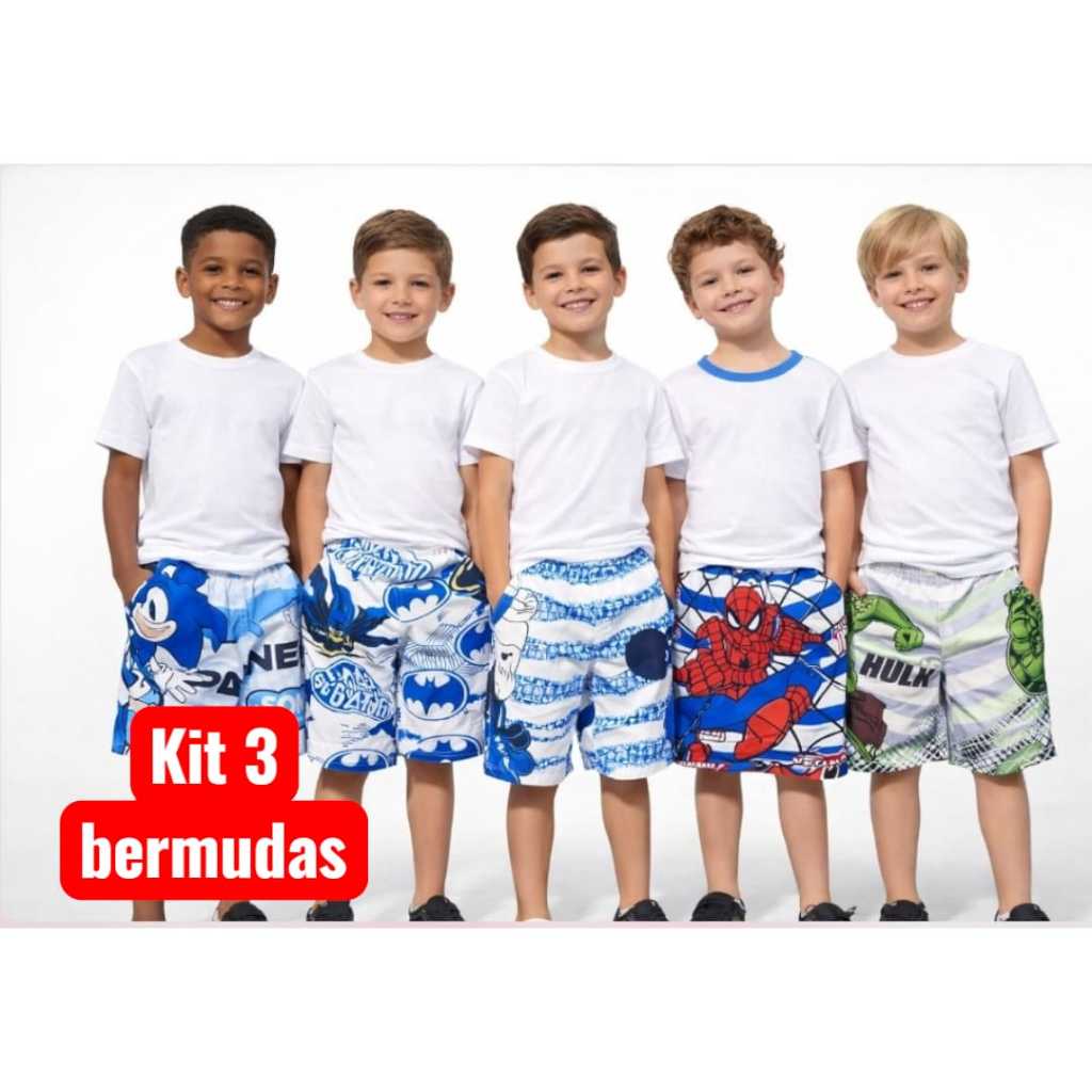 Bermuda Kit 3 Bermudas Tactel Infantil Menino Shorts do 1 ao 8 Verão Promoção Envio Rápido