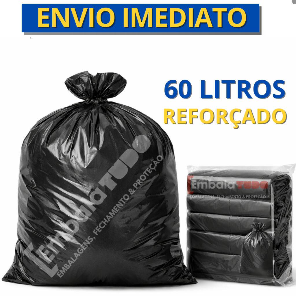 Saco de lixo 60 Litros reforçado 0.08 com 100 unidades 63x70