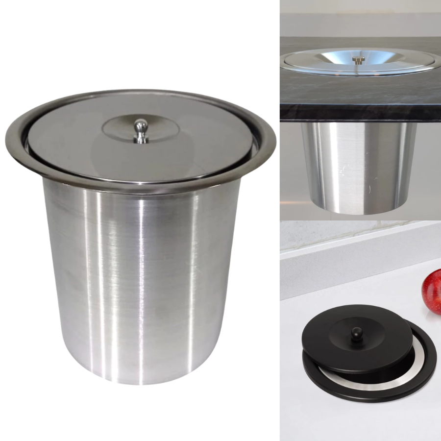 Lixeira de Embutir Inox Cesto De Lixo Embutir Bancada Granito Cozinha - 3 Litros 5 Litros 8 Litros