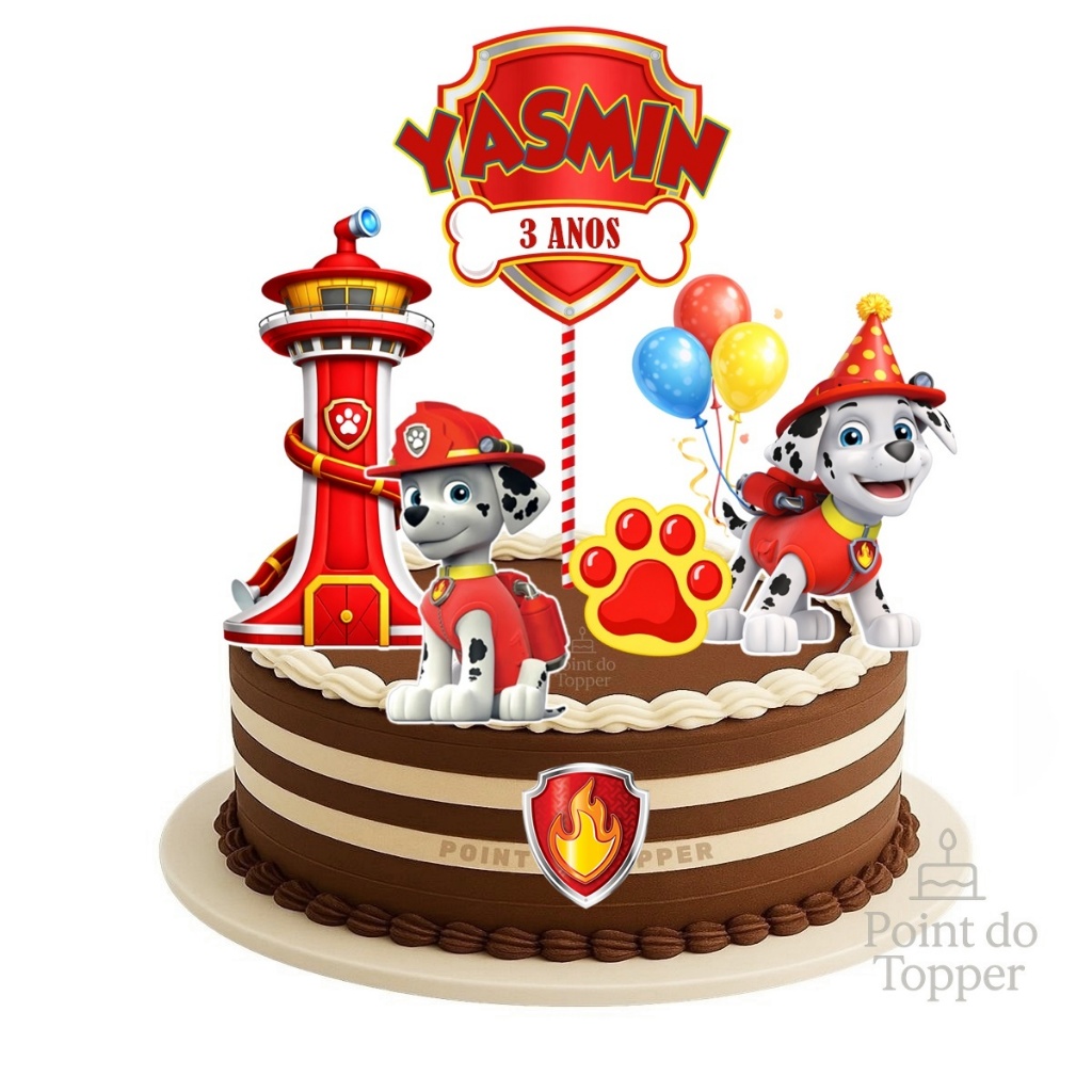 Topo de Bolo Marshall Patrulha Canina Topper Aniversário e Mêsversário Personalizado Nome e Idade Decoração Festa