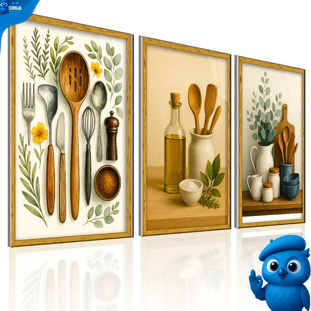 Kit 3 Quadros Cozinha Utensílios Decorativos Gourmet Moderno Sala Jantar Parede Exclusivo Grande VIP