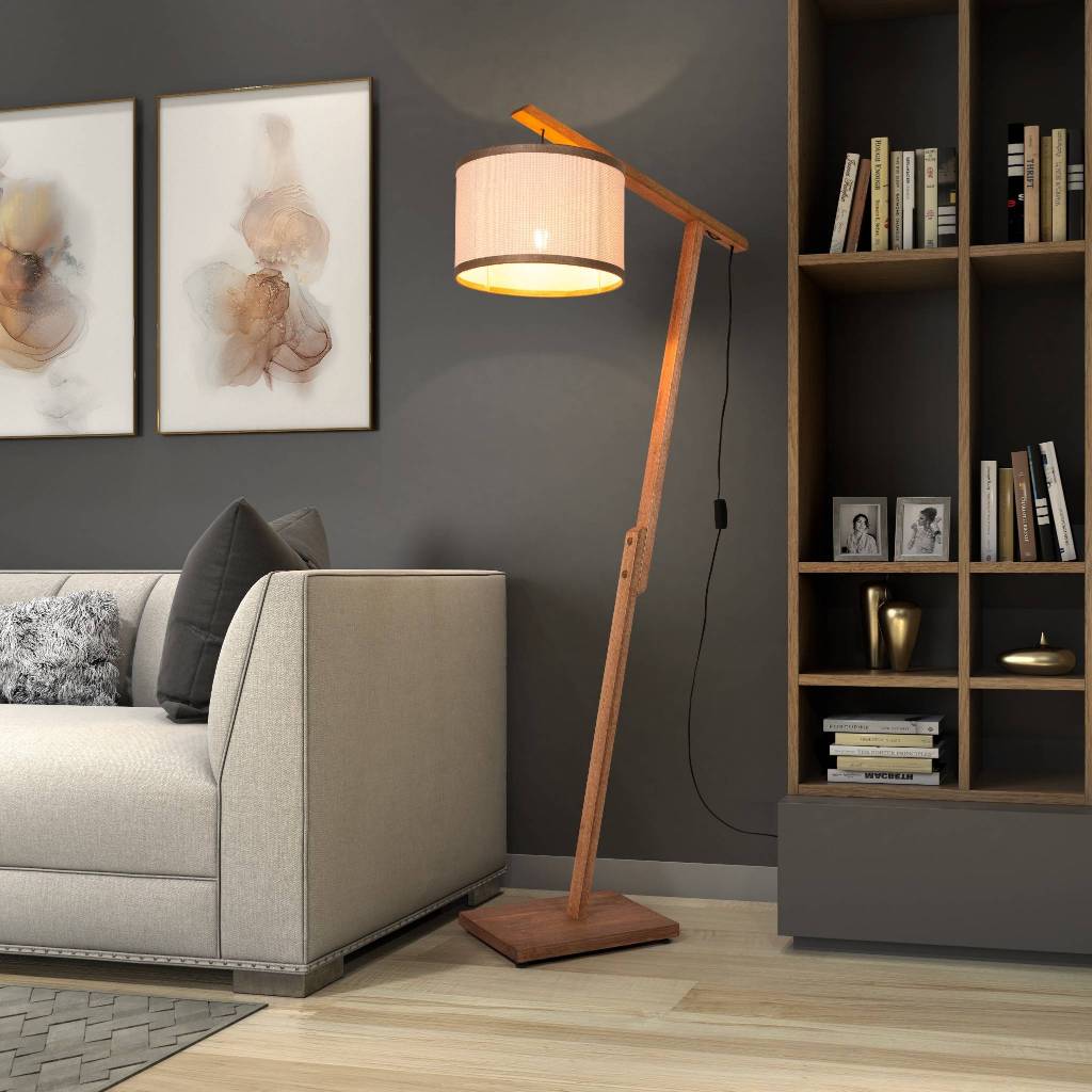 Abajur Luminária De Chão Aurora Com Cúpula Base De Madeira Sala De Estar Escritório Decoração