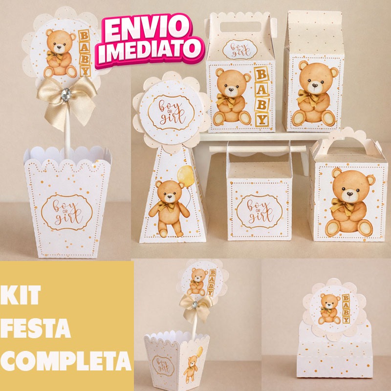 Kit Centro de mesa + Caixas Chá Revelação Ursinho bebê Bege | Personalizado | Lembrancinha | Cachepô