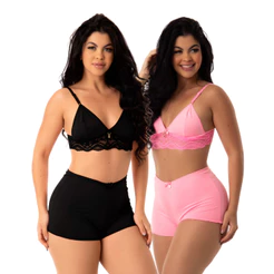 Kit 2 Short Doll Feminino Sensual Cropped Liso Detalhe Em Renda Alça Ajustável