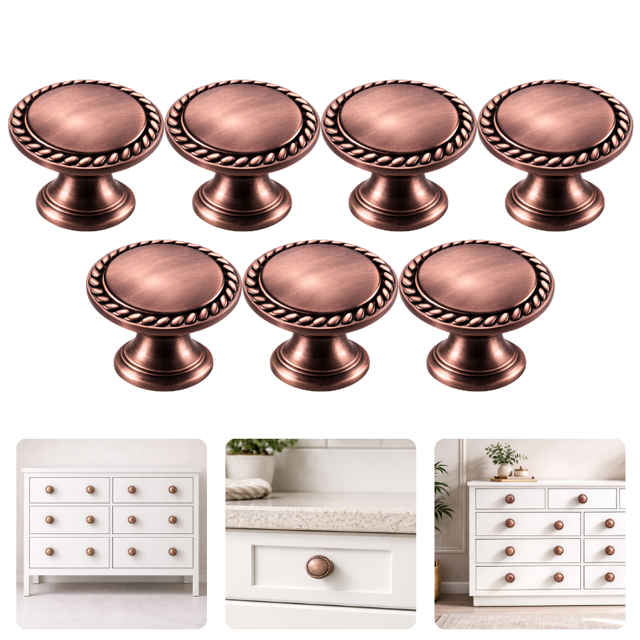 Kit Com 7 Puxadores Retrô Móveis Planejados Gaveteiros Acessório Ponto Redondo 29mm Cobre Fosco