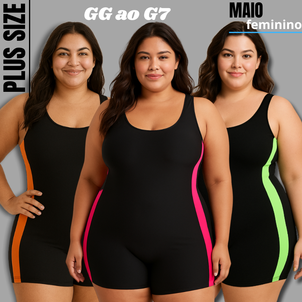 Maiô Macaquinho de Natação e Hidroginástica Plus Size Feminino Curto em Suplex com Faixa Lateral–do GG ao G5 + TOUCA