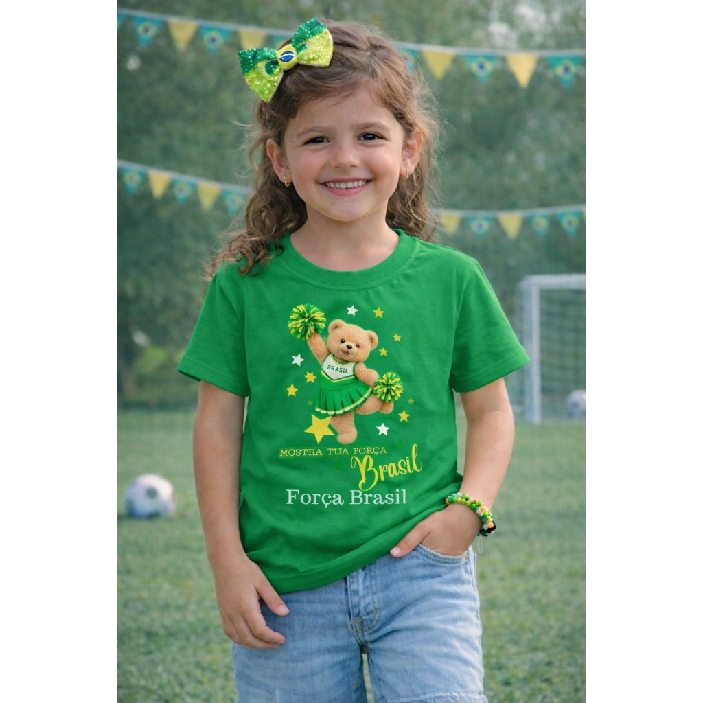 Camisa Brasil Copa Do Mundo Infantil Urso Força Brasil Menina