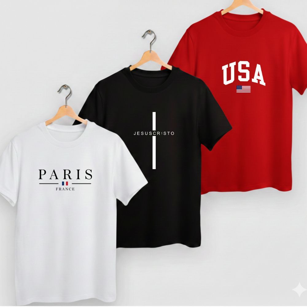 Kit 3 camisetas juvenil e infantil estampa paris jesus cristo usa blusa premium de algodão tam 02 a 16 em Oferta na Shopee