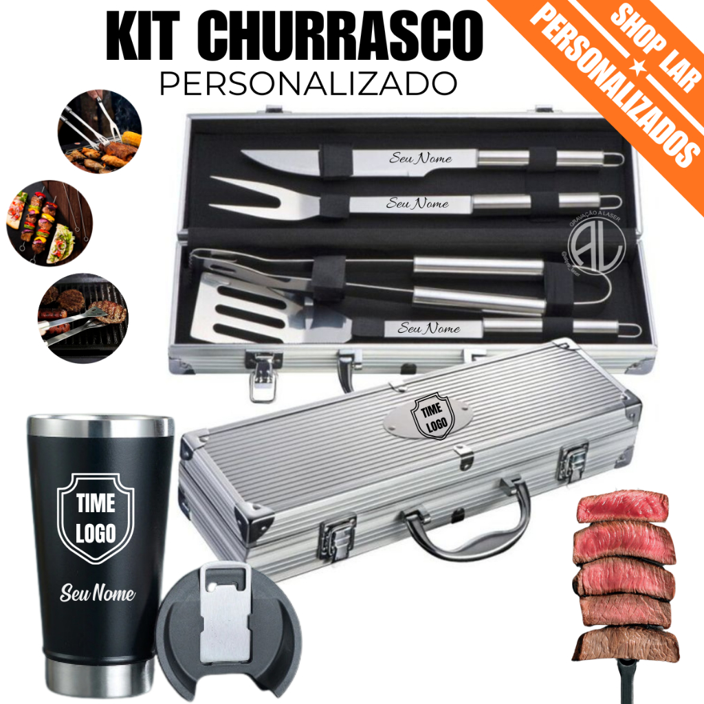 Kit Churrasco 5 Pçs  Personalizado OU Kit Churrasco 5 Pçs  + Copo personalizados Nome Logo Time