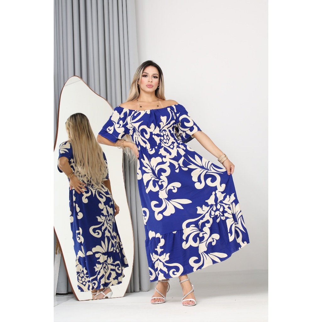 VESTIDO LASTEX ESTAMPADO LONGO MIDI CIGANINHA OMBRO A OMBRO TRES MARIAS BABADO ELASTICO FLORAL