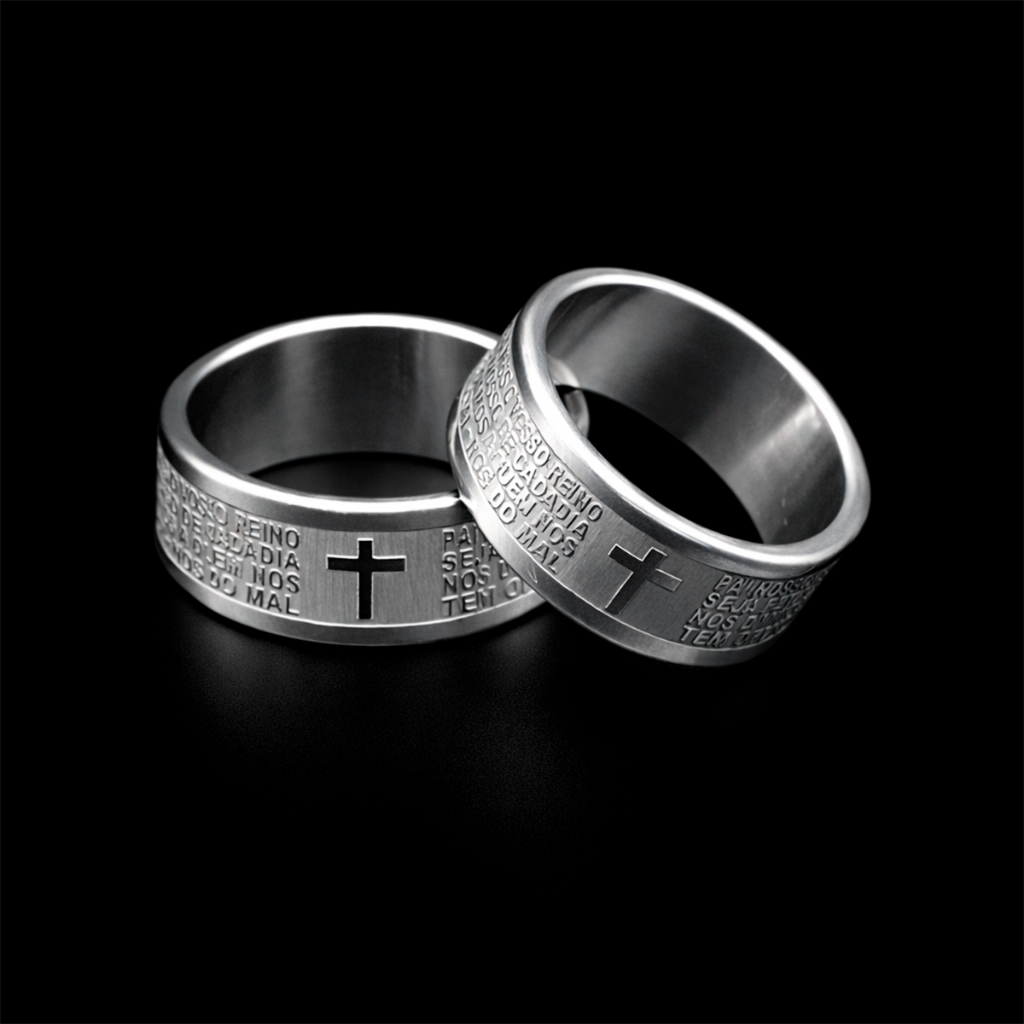 Anel Unissex de Aço Inoxidável Prata Com Cruz de Jesus e Oração da Bíblia - Amuleto de 8mm em Oferta na Shopee