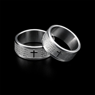 Anel Unissex de Aço Inoxidável Prata Com Cruz de Jesus e Oração da Bíblia - Amuleto de 8mm