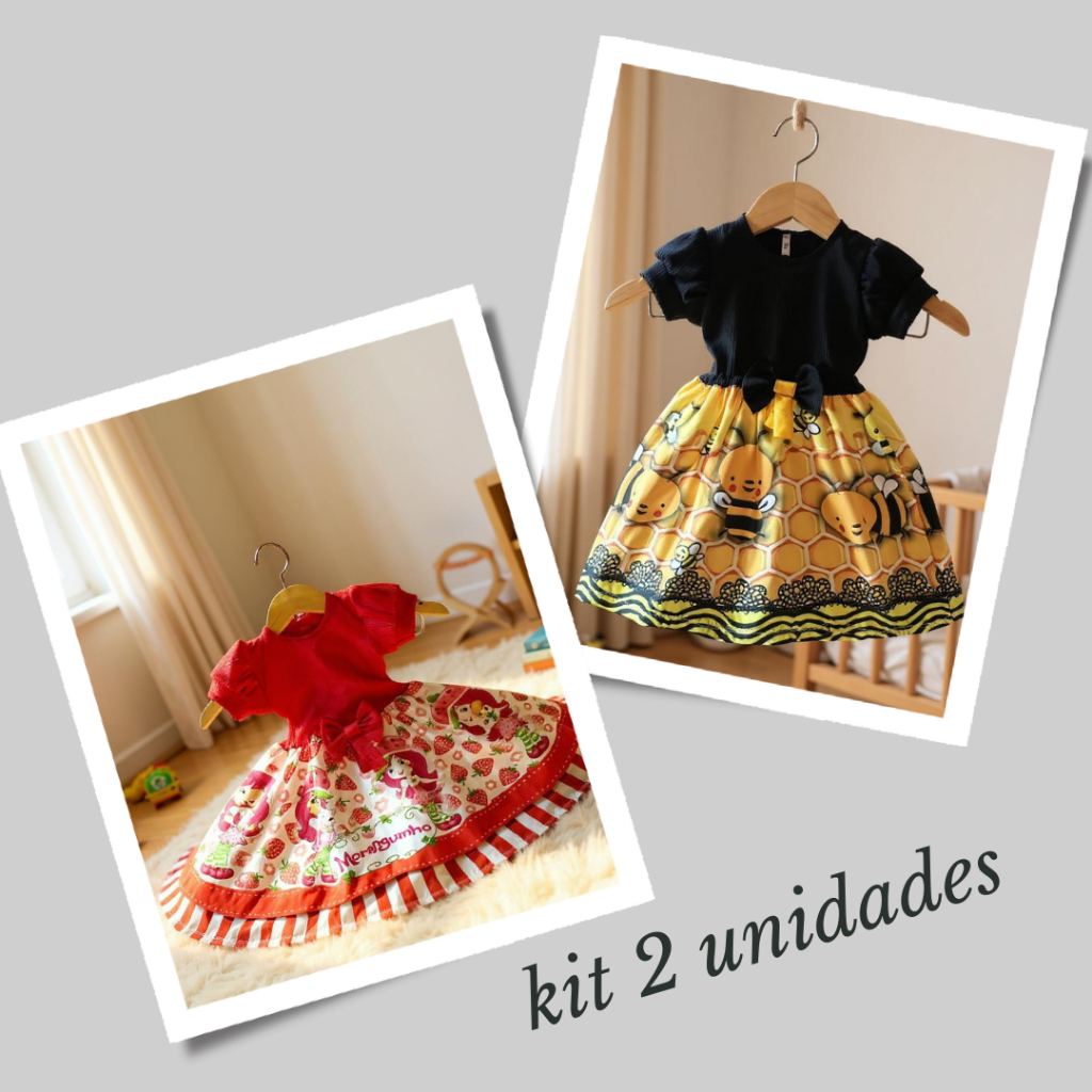 KIT 2 Vestidos MORANGUINHO/ABELINHA Festa Casual Manga Curta Infantil