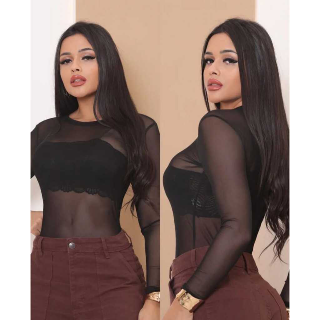 Body Feminino Tule Transparente com Manga Longa Sensual básico casual Verão Novidade 2026