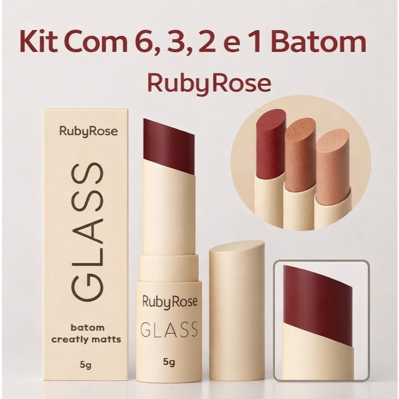 Kit 6, 3, 2 ou 1 BATON RUBY ROSE Creamy Matte Glass Alta Pigmentação, Fixação E Acabamento Aveludado