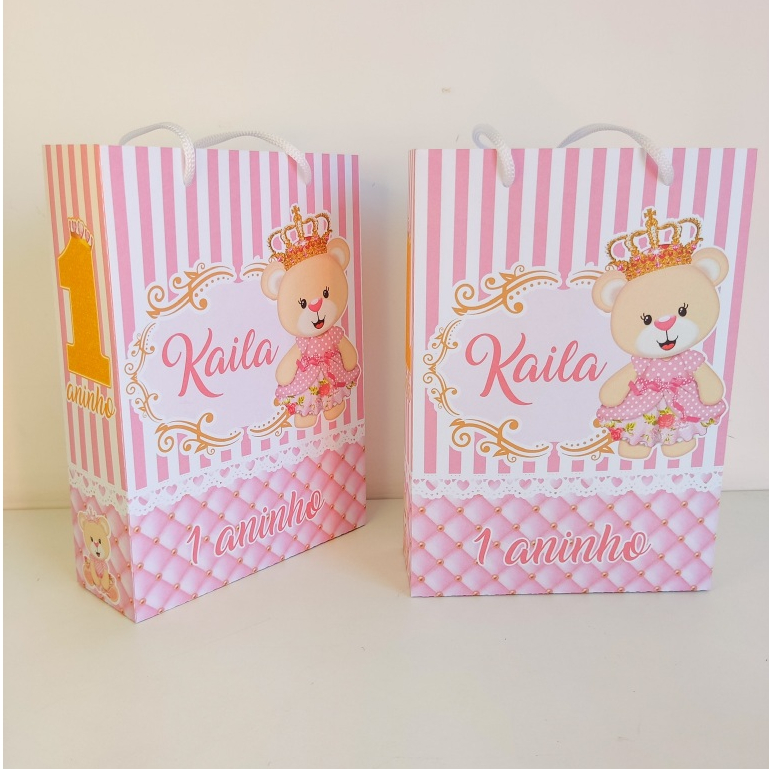 Sacolinhas Ursinha Princesa Pegue e Monte - 10 Sacolinhas Personalizadas - Lembrancinhas Fim de Festa