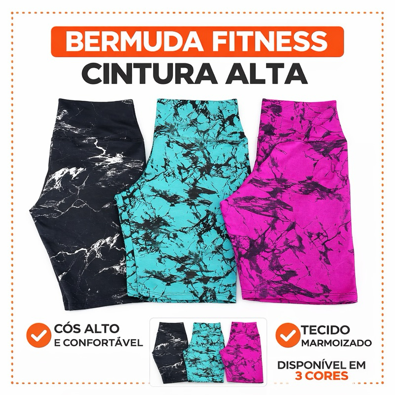 Shorts Bermuda cintura alta fitness Marmorizada academia, crossfit, caminhada, esportes areia.o em Oferta na Shopee