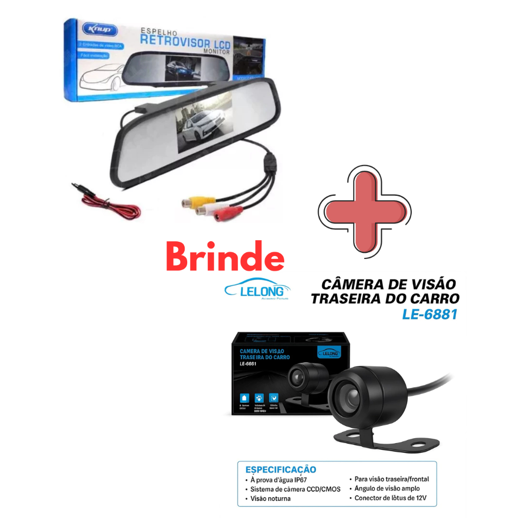 Espelho Retrovisor LCD Monitor Knup KP-S107 + Brinde