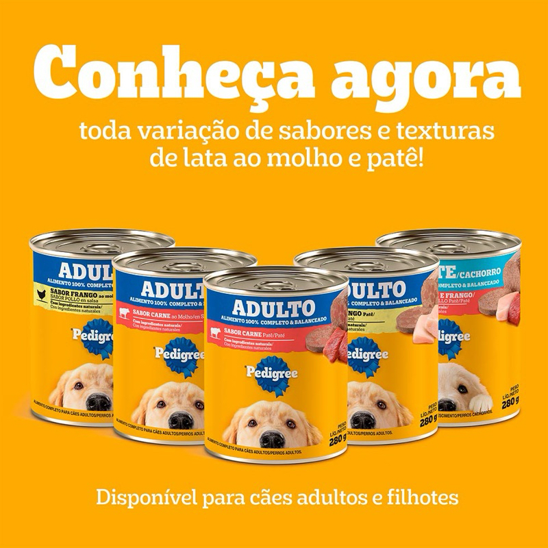 Kit 10 Pedigree Lata 280g Patê Cães Adulto e Filhote Carne e Frango Alimento Úmido Completo
