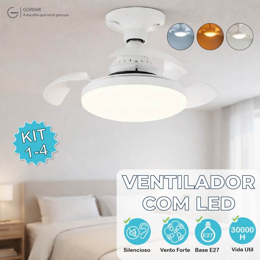 Ventilador de Teto Retrátil Lâmpada 3 Cores Silencioso 100W 3 Pás Design Sofisticado Bivolt em Oferta na Shopee