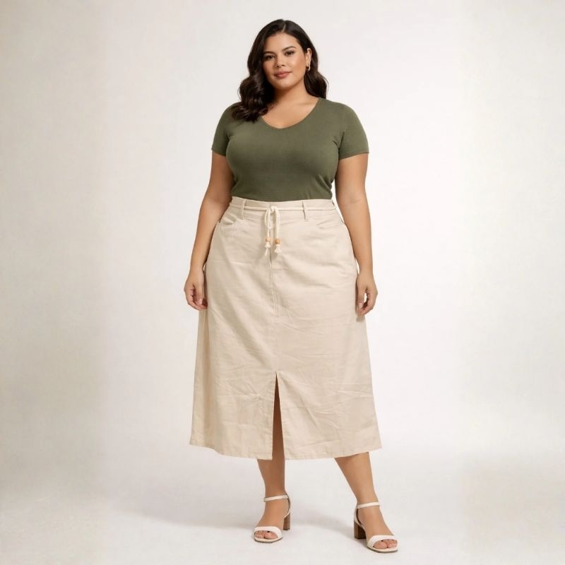 Saia  Social Plus Size Feminina com Fenda Amarração e Cintura Alta G1 G2 Moda Evangélica marrant em Oferta na Shopee