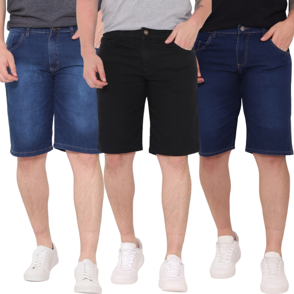 Kit 3 Bermudas Jeans Slim Masculina Lycra Elastano Tecido Premium