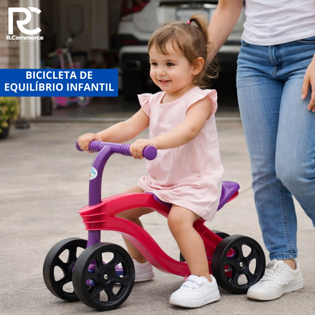 Bicicleta Equilíbrio Andador Infantil Futurista Sem Pedal 4 Rodas Azul Vermelho Rosa Segura Leve