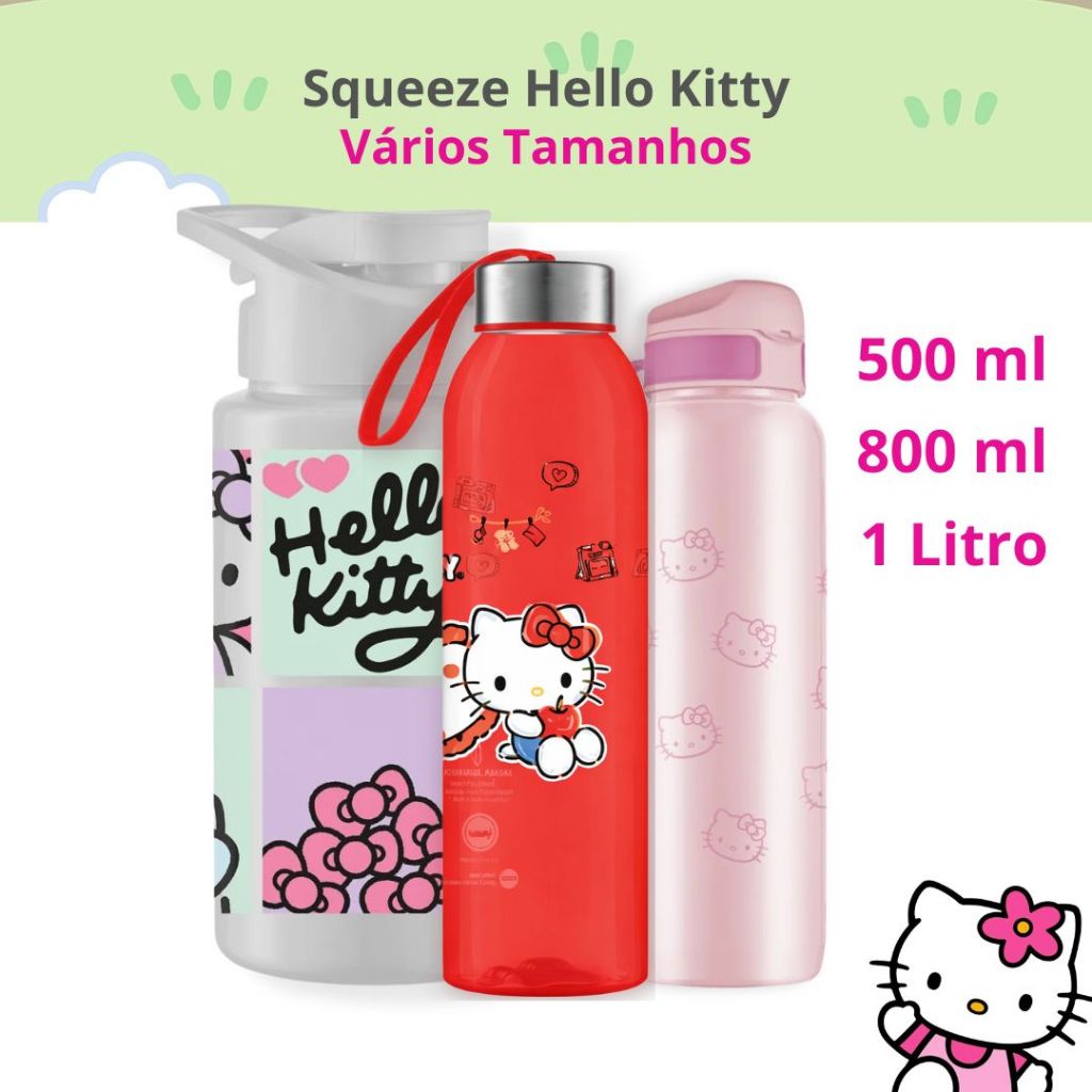 Garrafa Squeeze Plástico Infantil  Hello Kitty com Tampa e Alça 800ml 1L Garrafinha para Menina em Oferta na Shopee