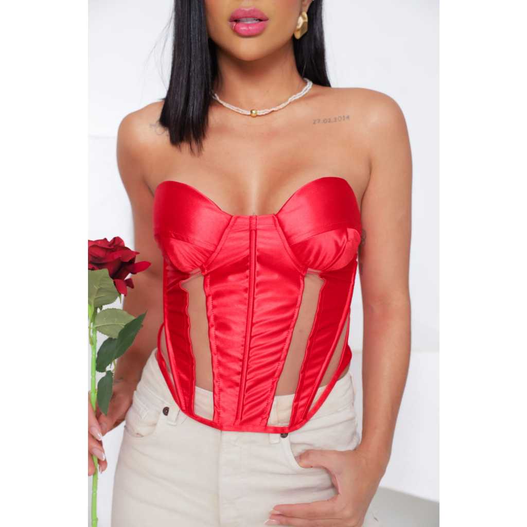 LIZ-TAMANHO UNICO-M- corset sacetinado tomara que caia corset feminino corselete amarraçao corset tule cropped