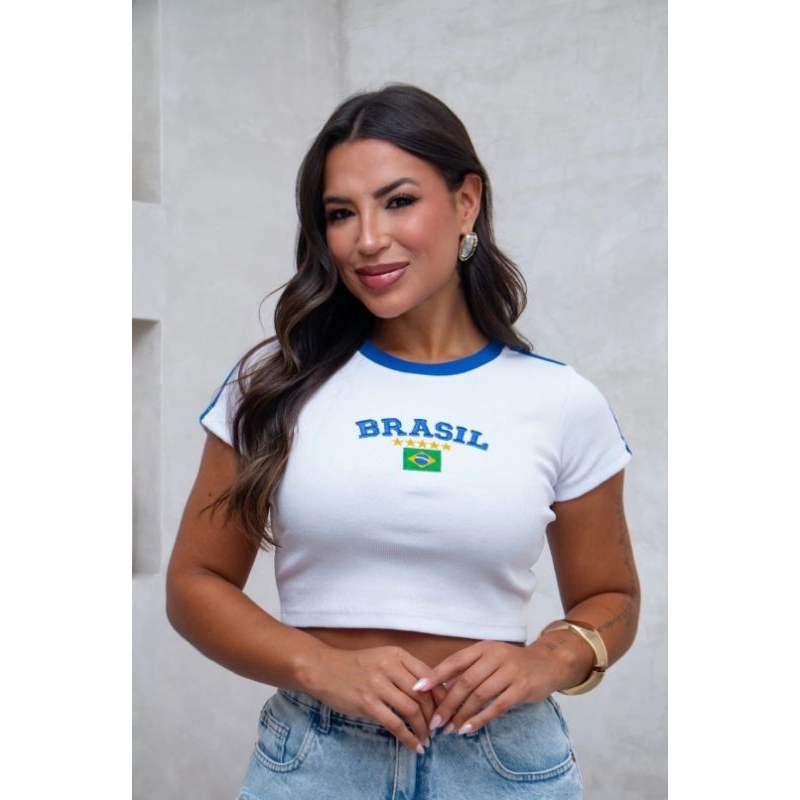 Cropped Baby Look Brasil Feminina Blusa Canelada Estampa Bandeira Moda Tendência Blogueira