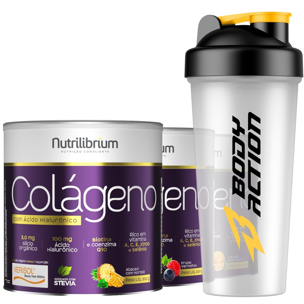 Kit 3x Colágeno Verisol Ácido Hialurônico 200g + Coqueteleira Academia Bodyaction em Oferta na Shopee